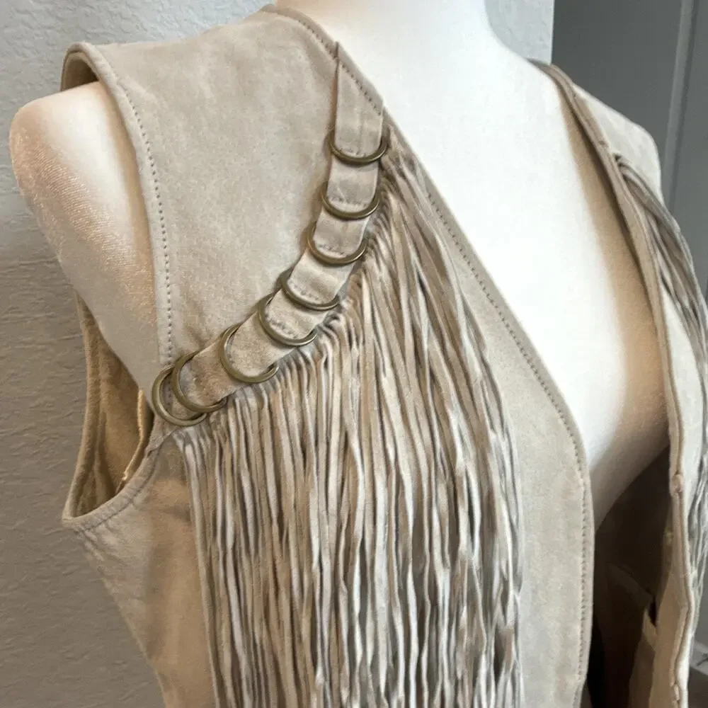 Rare NWT VTG Pamela McCoy Suede Fringe Vest Boho Western Cowgirl Beige Medium